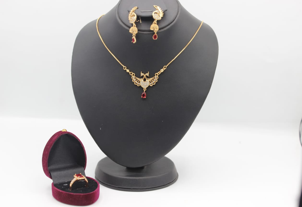 Stylish Unique Design Gold Plated Necklace Set & Ring for Girls/Women )