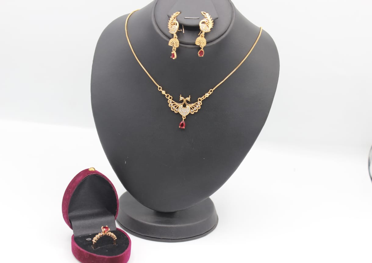 Stylish Unique Design Gold Plated Necklace Set & Ring for Girls/Women )